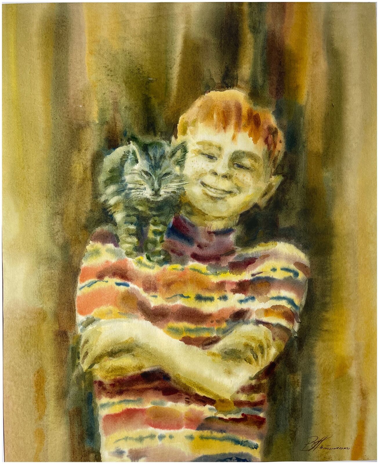Мальчик с котёнком, работа № 98
